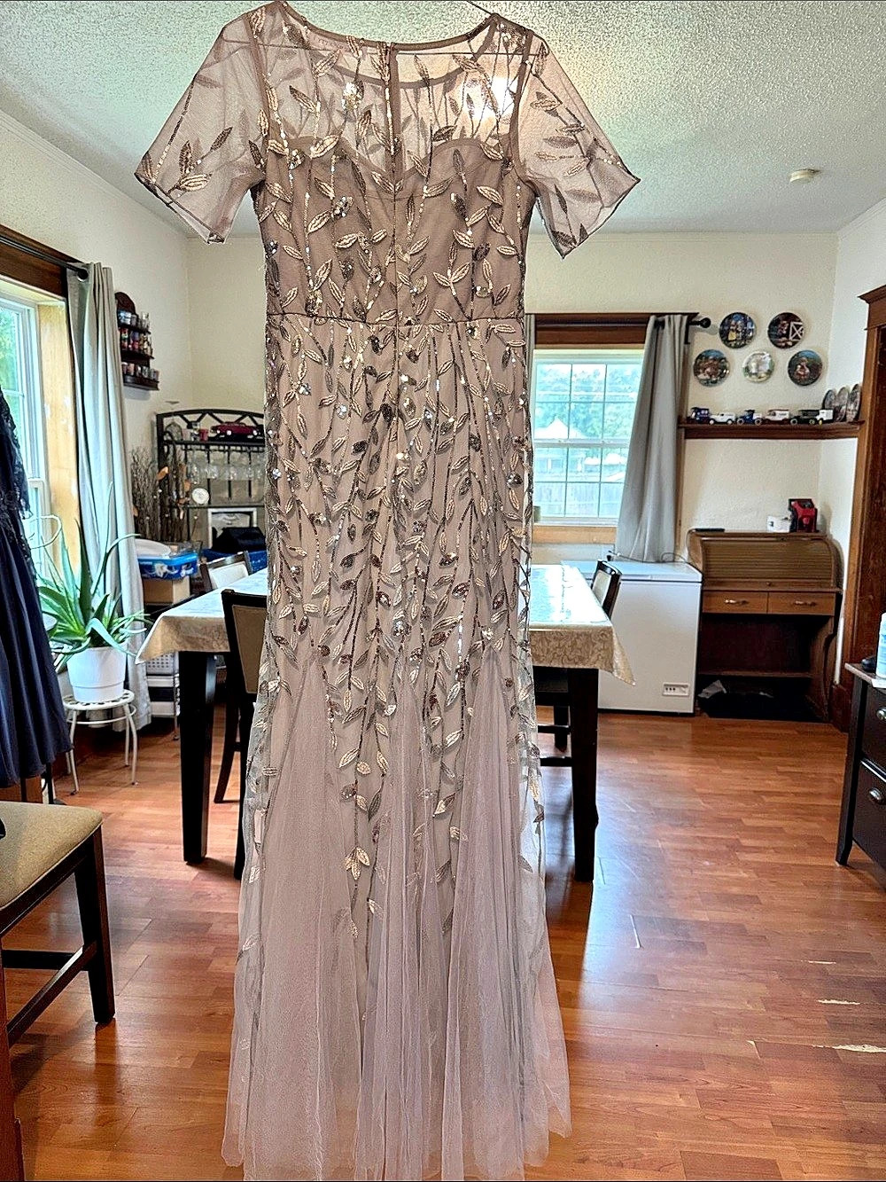 Ever Pretty Sequin Floral Maxi Dress Silver and Gray Size Small